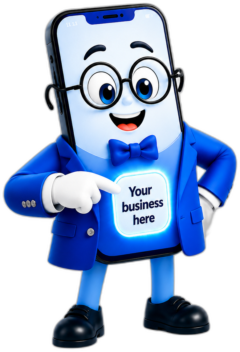 Mr. Appy™ — the official 1LinkMedia.com mascot, a friendly smartphone character in a blue suit pointing to a glowing 'Your business here' icon